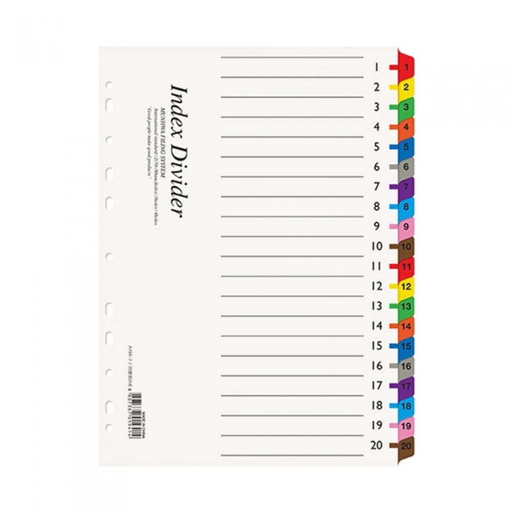 Munhwa File A194-7 Professional A4 20-Tab Art Paper Index Dividers with Writable Color Tabs for Extensive Document Organization